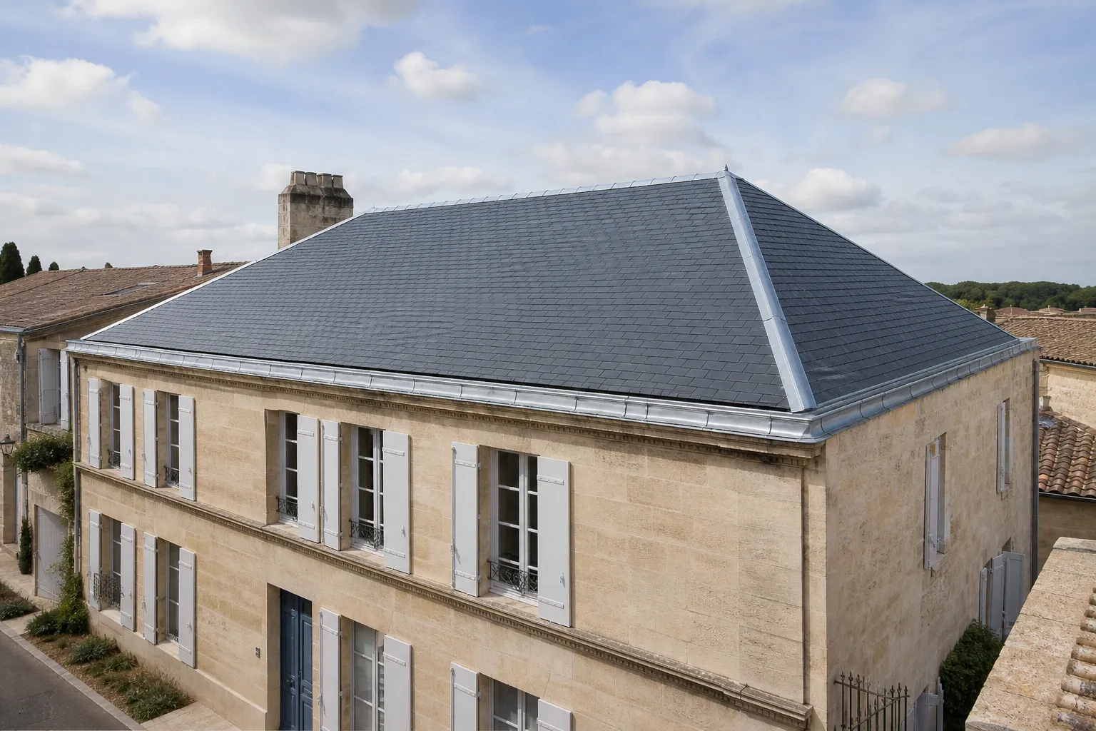 Toiture neuve en ardoise naturelle après rénovation complète