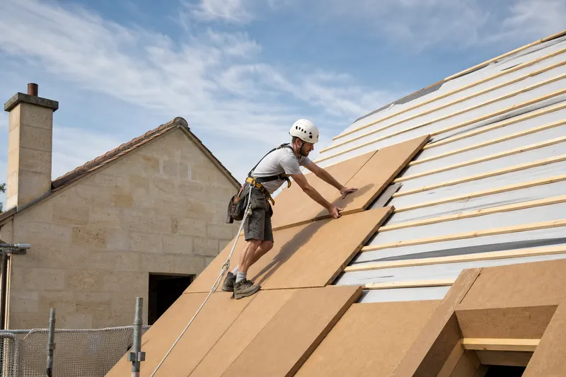 Pose de panneaux d'isolation sarking sur une toiture en chantier
