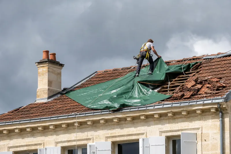Bâchage d'urgence sur une toiture endommagée après tempête